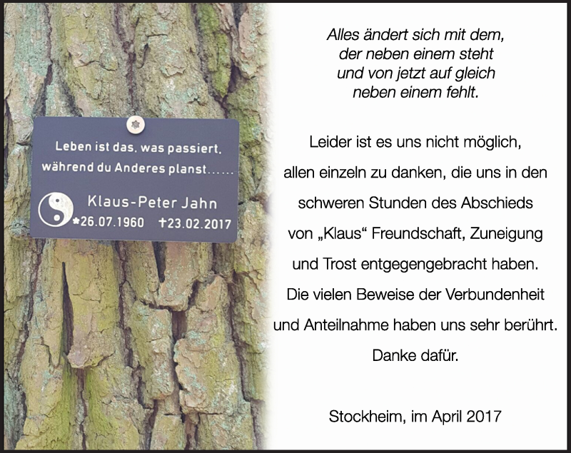  Traueranzeige für Klaus-Peter Jahn vom 08.04.2017 aus  Kreisanzeiger