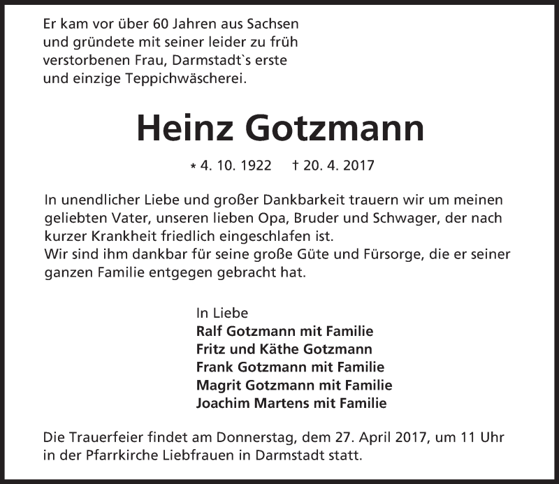  Traueranzeige für Heinz Gotzmann vom 22.04.2017 aus Trauerportal Echo Online