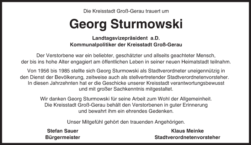  Traueranzeige für Georg Sturmowski vom 10.04.2017 aus Trauerportal Echo Online
