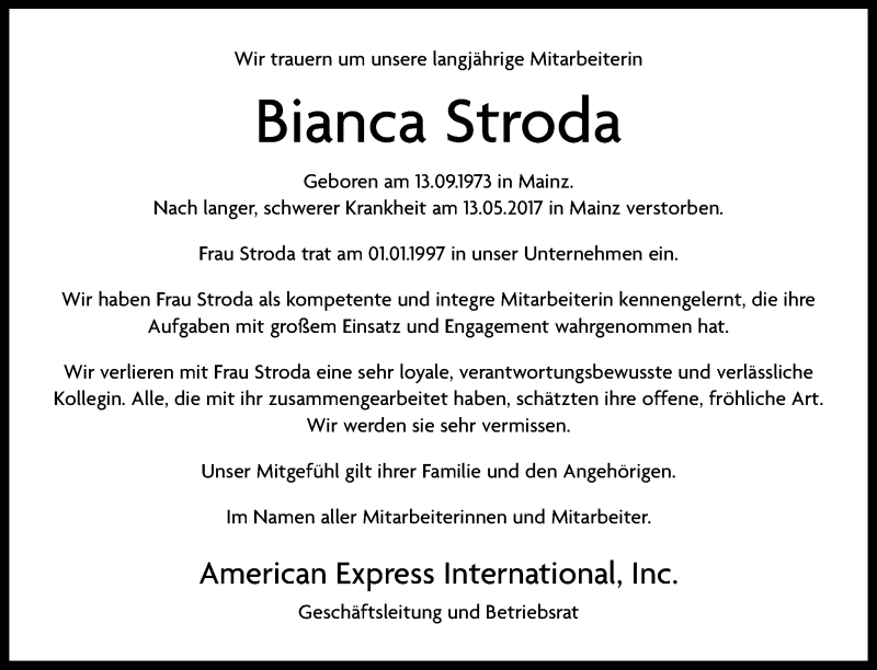  Traueranzeige für Bianca Stroda vom 20.05.2017 aus Trauerportal Rhein Main Presse