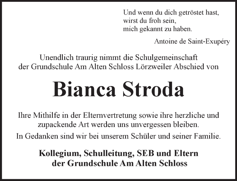  Traueranzeige für Bianca Stroda vom 17.05.2017 aus Trauerportal Rhein Main Presse