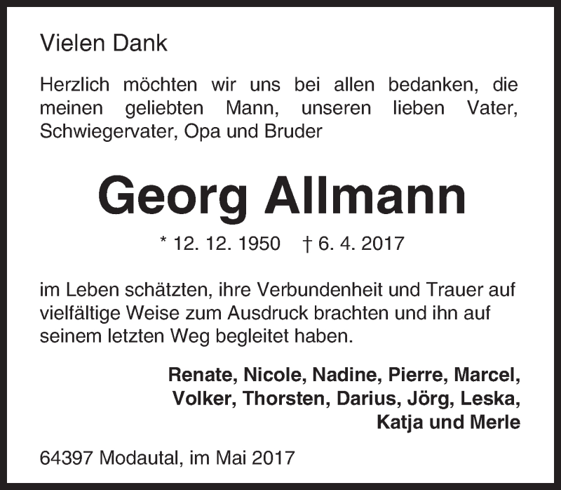  Traueranzeige für Georg Allmann vom 06.05.2017 aus Trauerportal Echo Online
