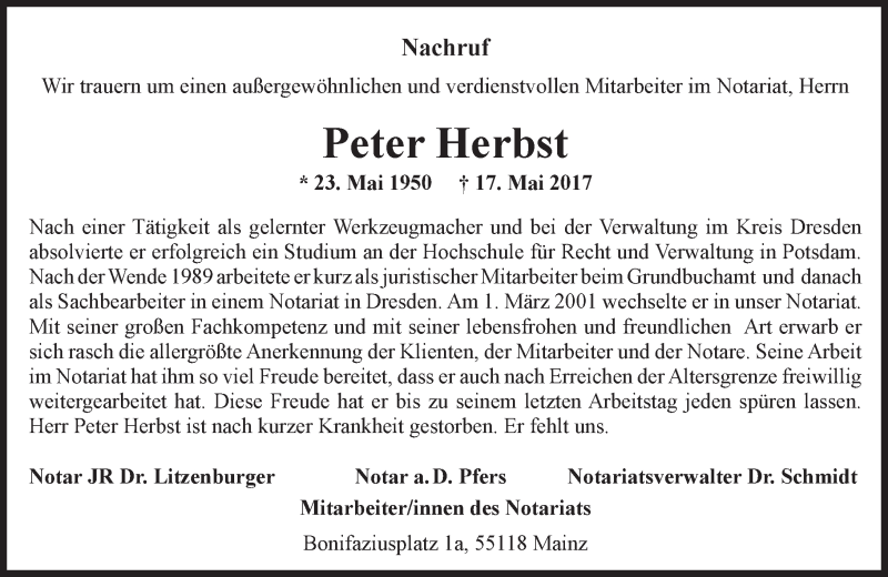  Traueranzeige für Peter Herbst vom 20.05.2017 aus Trauerportal Rhein Main Presse