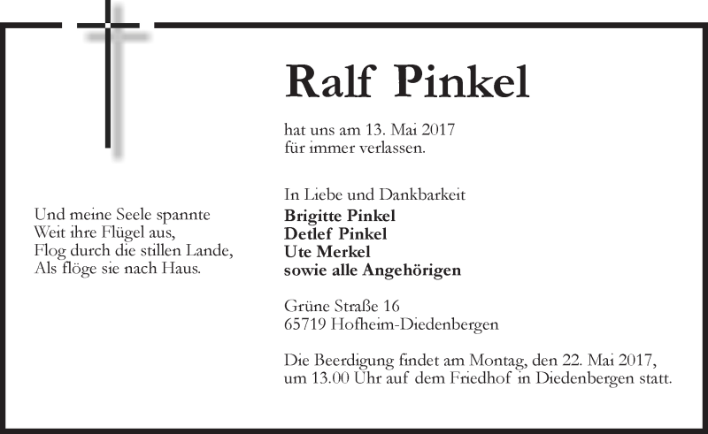  Traueranzeige für Ralf Pinkel vom 19.05.2017 aus Trauerportal Rhein Main Presse