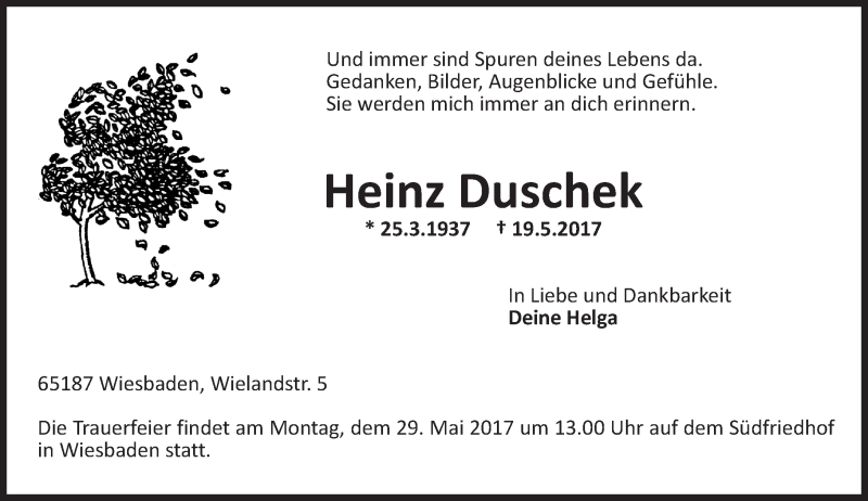  Traueranzeige für Heinz Duschek vom 24.05.2017 aus Trauerportal Rhein Main Presse