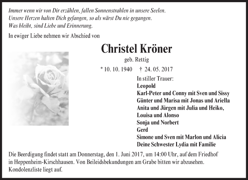 Traueranzeige für Christel Kröner vom 29.05.2017 aus Trauerportal Echo Online