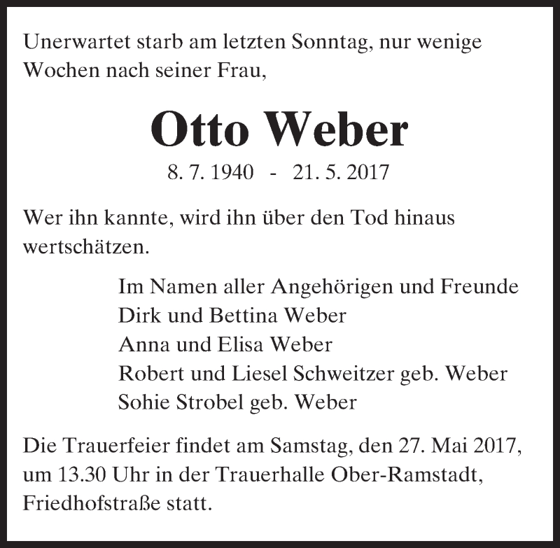  Traueranzeige für Otto Weber vom 24.05.2017 aus Trauerportal Echo Online