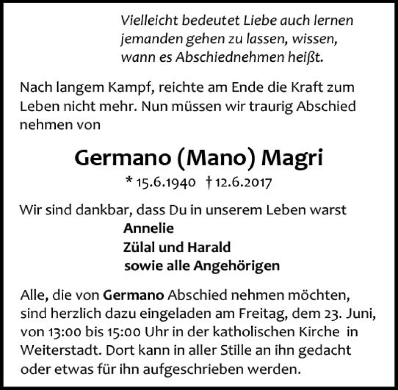  Traueranzeige für Germano Magri vom 17.06.2017 aus Trauerportal Echo Online
