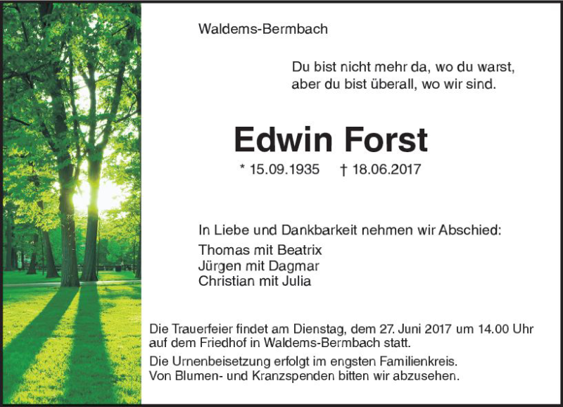  Traueranzeige für Edwin Forst vom 24.06.2017 aus Trauerportal Rhein Main Presse