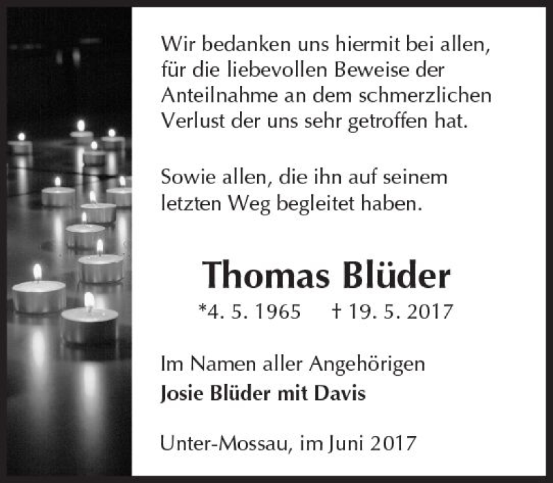  Traueranzeige für Thomas Blüder vom 17.06.2017 aus Trauerportal Echo Online
