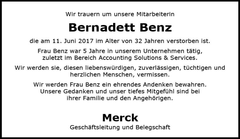  Traueranzeige für Bernadett Benz vom 29.06.2017 aus Trauerportal Echo Online