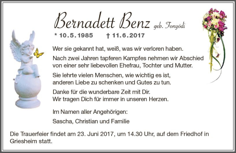  Traueranzeige für Bernadett Benz vom 17.06.2017 aus Trauerportal Echo Online