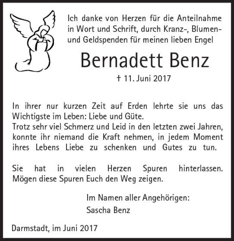  Traueranzeige für Bernadett Benz vom 01.07.2017 aus Trauerportal Echo Online