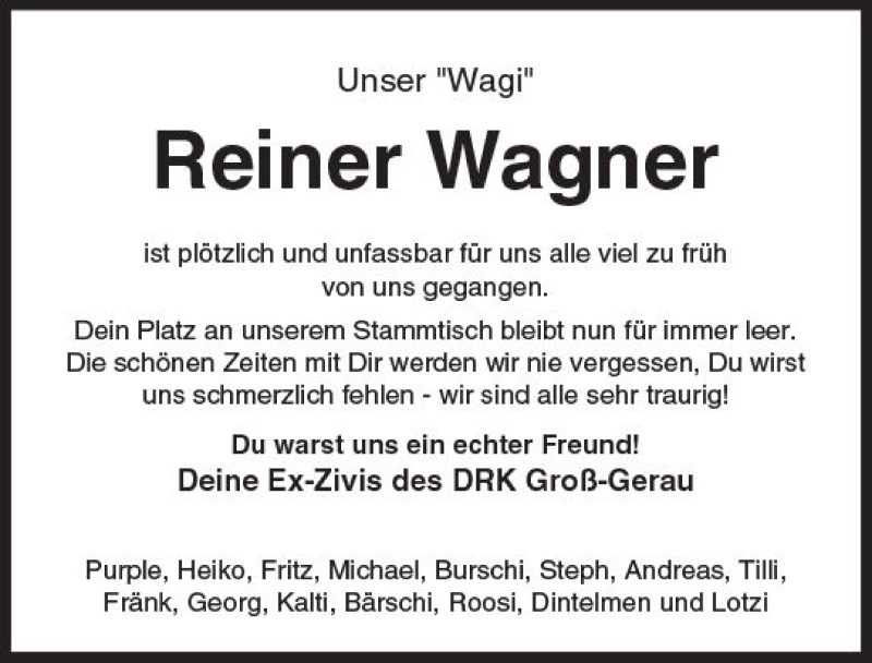  Traueranzeige für Reiner Wagner vom 05.07.2017 aus Trauerportal Echo Online