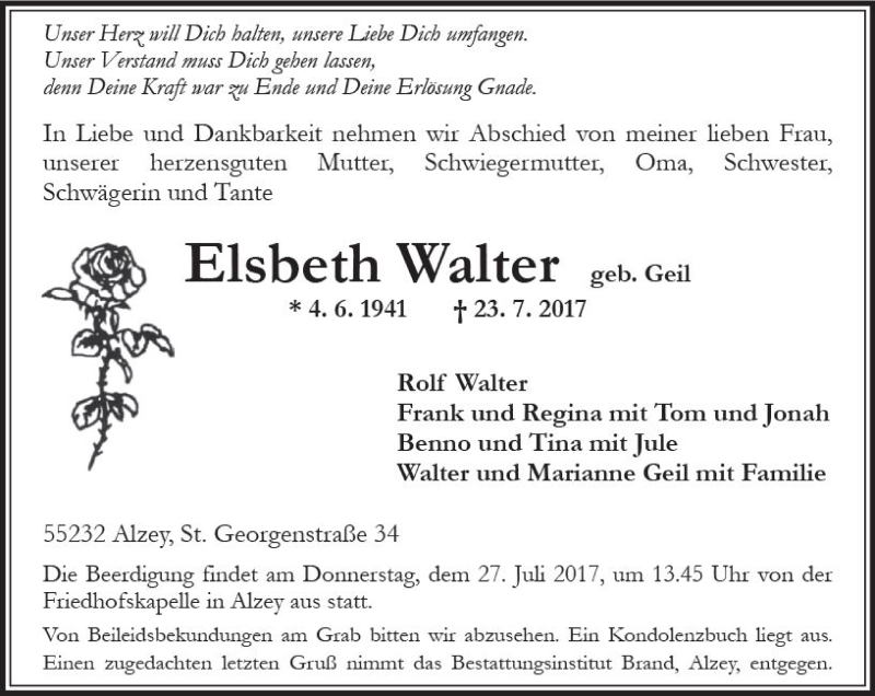  Traueranzeige für Elsbeth Walter vom 25.07.2017 aus Trauerportal Rhein Main Presse