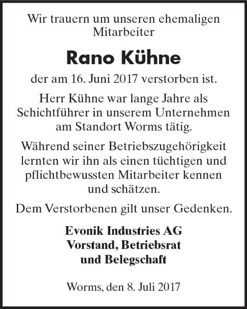  Traueranzeige für Rano Kühne vom 08.07.2017 aus Trauerportal Rhein Main Presse