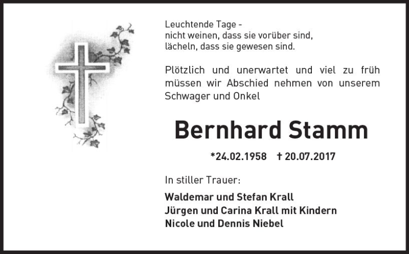  Traueranzeige für Bernhard Stamm vom 29.07.2017 aus Trauerportal Rhein Main Presse