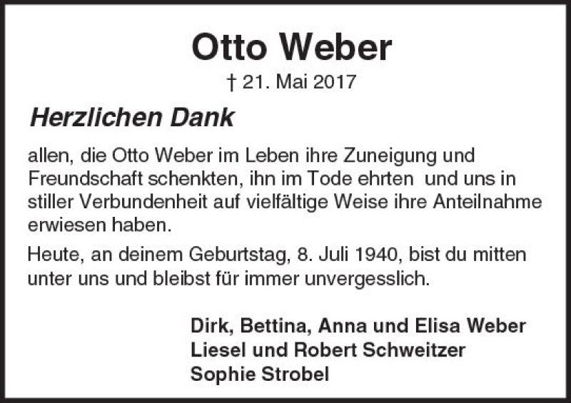  Traueranzeige für Otto Weber vom 08.07.2017 aus Trauerportal Echo Online
