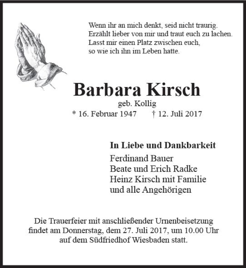  Traueranzeige für Barbara Kirsch vom 22.07.2017 aus Trauerportal Rhein Main Presse