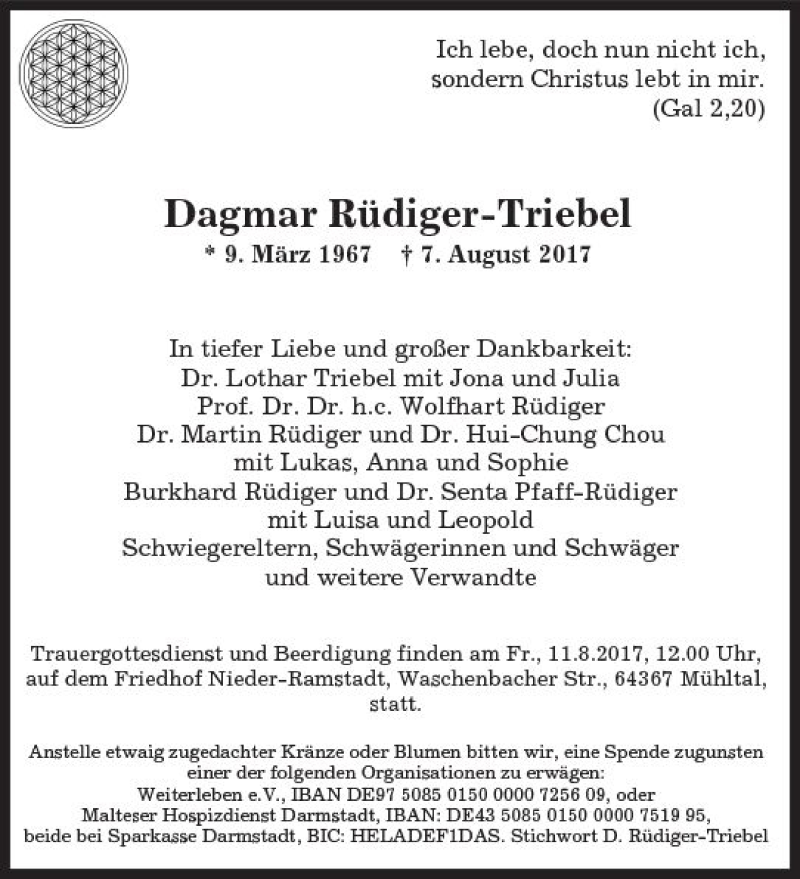  Traueranzeige für Dagmar Rüdiger-Triebel vom 10.08.2017 aus Trauerportal Rhein Main Presse