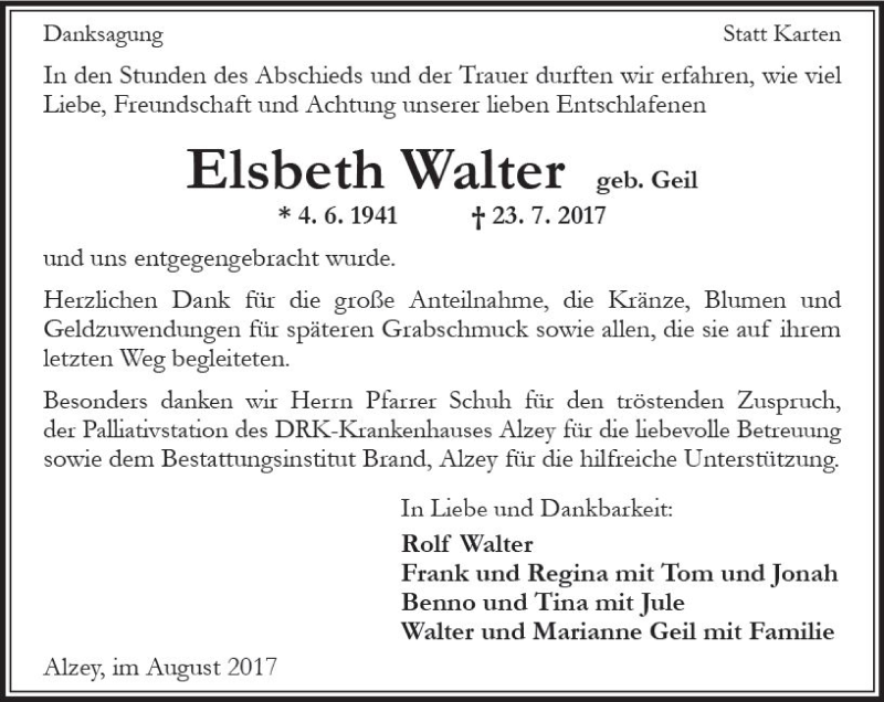  Traueranzeige für Elsbeth Walter vom 19.08.2017 aus Trauerportal Rhein Main Presse