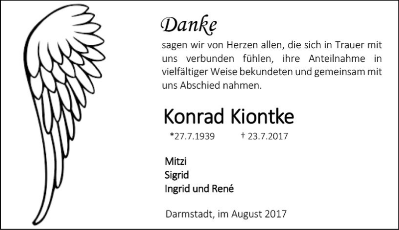  Traueranzeige für Konrad Kiontke vom 12.08.2017 aus Trauerportal Echo Online
