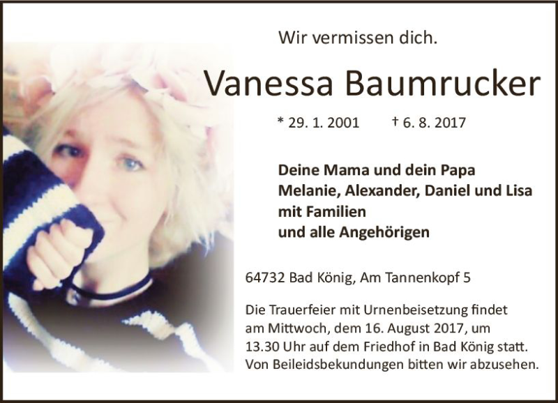  Traueranzeige für Vanessa Baumrucker vom 12.08.2017 aus Trauerportal Echo Online
