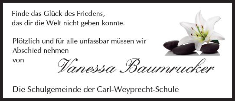  Traueranzeige für Vanessa Baumrucker vom 16.08.2017 aus Trauerportal Rhein Main Presse