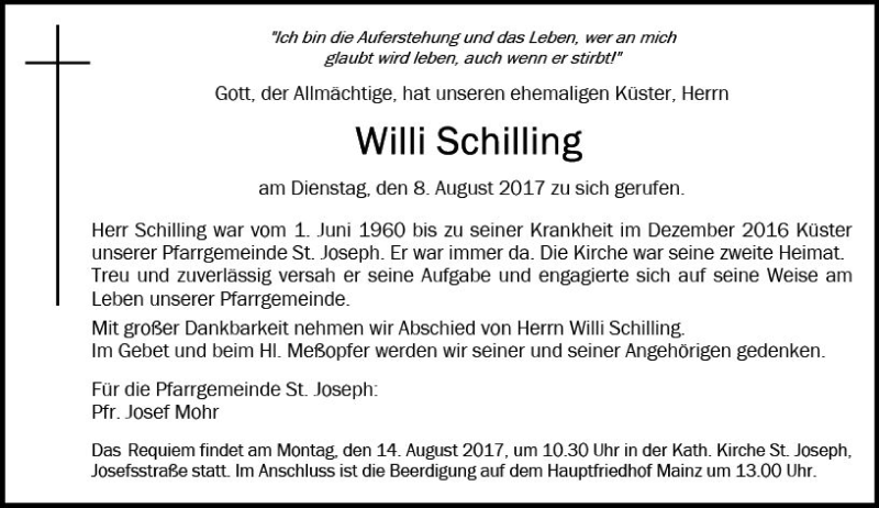  Traueranzeige für Willi Schilling vom 12.08.2017 aus Trauerportal Rhein Main Presse