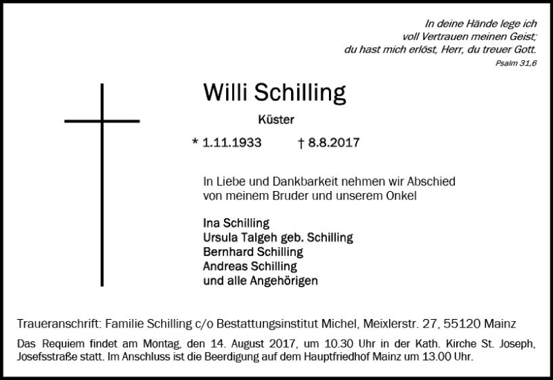  Traueranzeige für Willi Schilling vom 12.08.2017 aus Trauerportal Rhein Main Presse