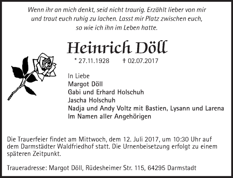  Traueranzeige für Heinrich Döll vom 08.09.2017 aus 