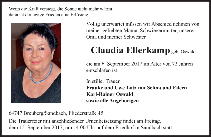  Traueranzeige für Claudia Ellerkamp vom 12.09.2017 aus 
