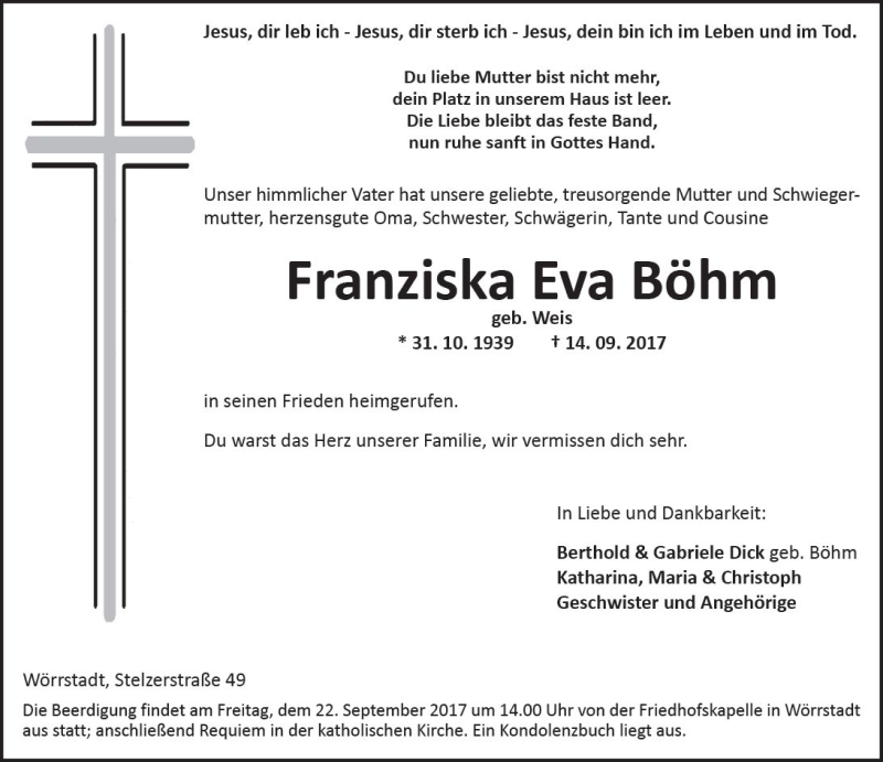  Traueranzeige für Franziska Eva Böhm vom 19.09.2017 aus Trauerportal Rhein Main Presse
