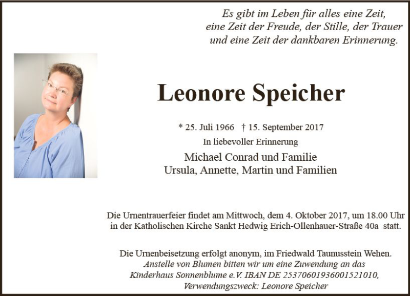  Traueranzeige für Leonore Speicher vom 23.09.2017 aus Trauerportal Rhein Main Presse