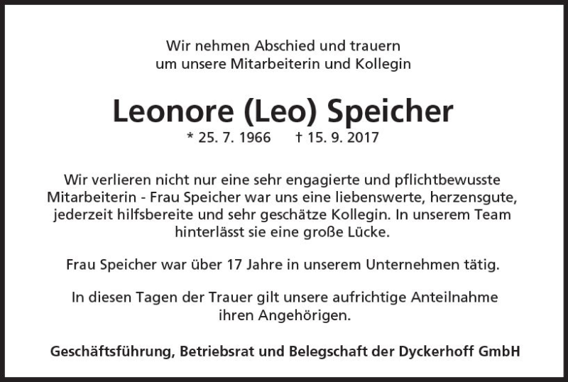  Traueranzeige für Leonore Speicher vom 23.09.2017 aus Trauerportal Rhein Main Presse