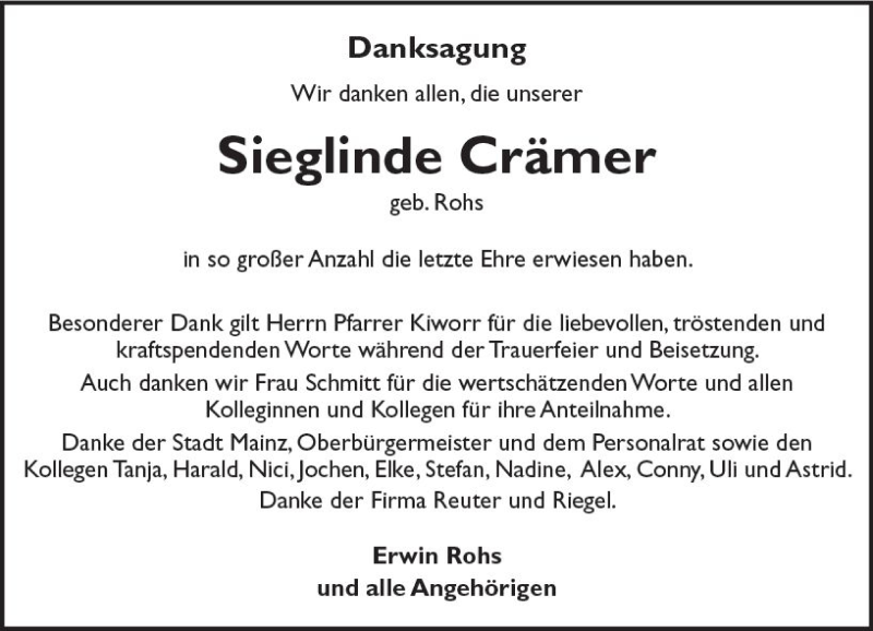  Traueranzeige für Sieglinde Crämer vom 30.09.2017 aus Trauerportal Rhein Main Presse