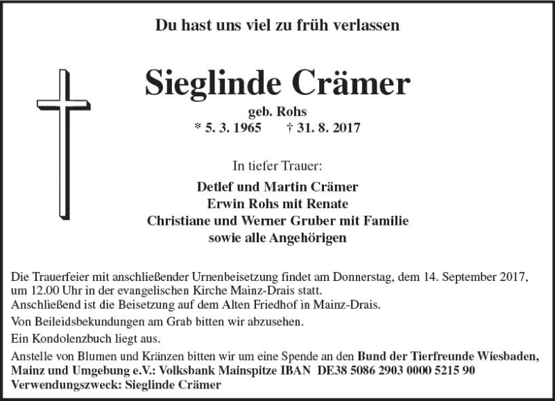  Traueranzeige für Sieglinde Crämer vom 13.09.2017 aus Trauerportal Rhein Main Presse