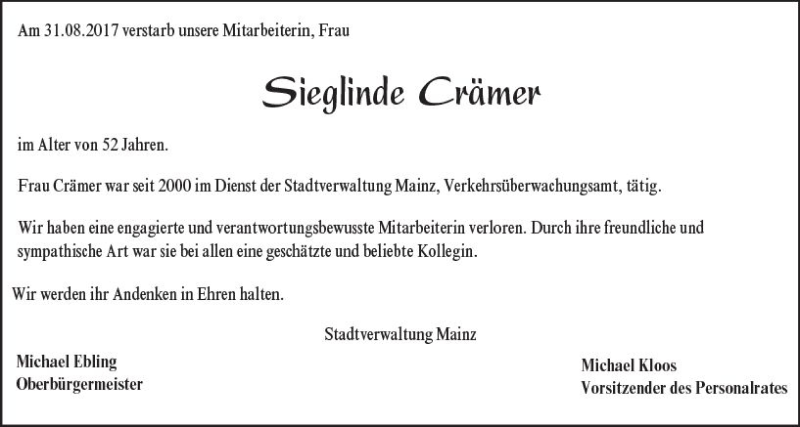  Traueranzeige für Sieglinde Crämer vom 14.09.2017 aus Trauerportal Rhein Main Presse