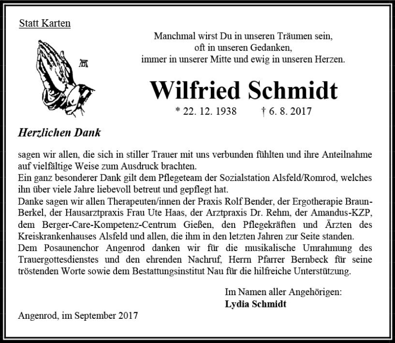 Traueranzeige für Wilfried Schmidt vom 09.09.2017 aus VRM Trauer
