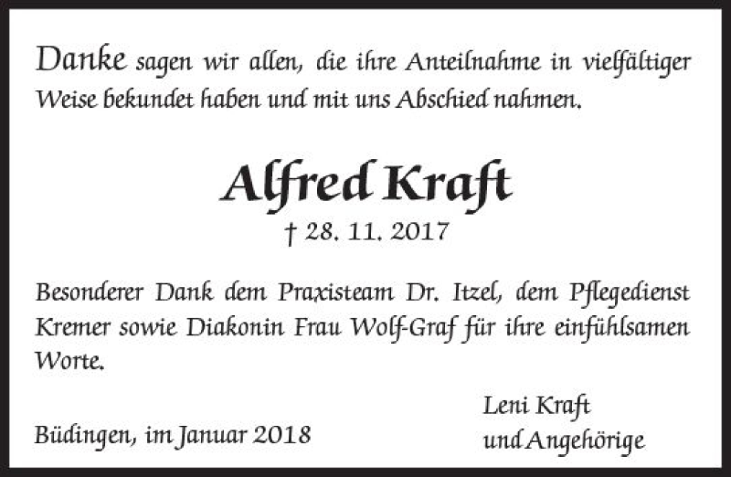  Traueranzeige für Alfred Kraft vom 06.01.2018 aus  Kreisanzeiger