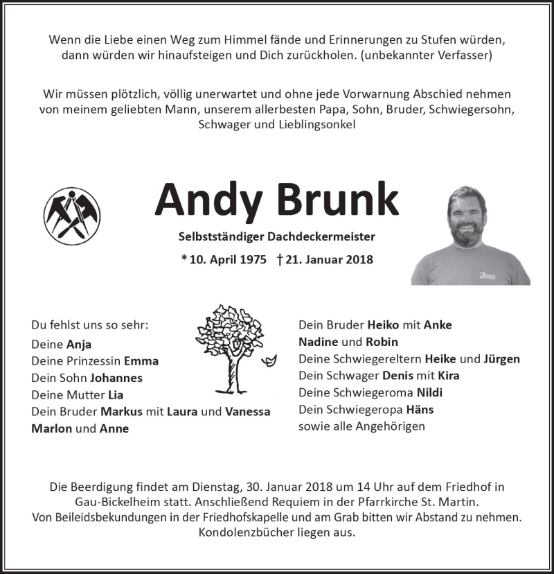  Traueranzeige für Andy Brunk vom 26.01.2018 aus Trauerportal Rhein Main Presse