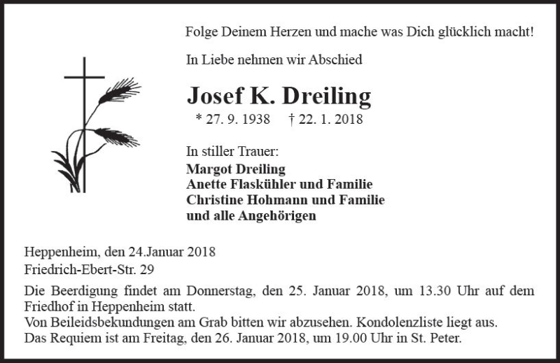  Traueranzeige für Josef K. Dreiling vom 24.01.2018 aus Trauerportal Rhein Main Presse