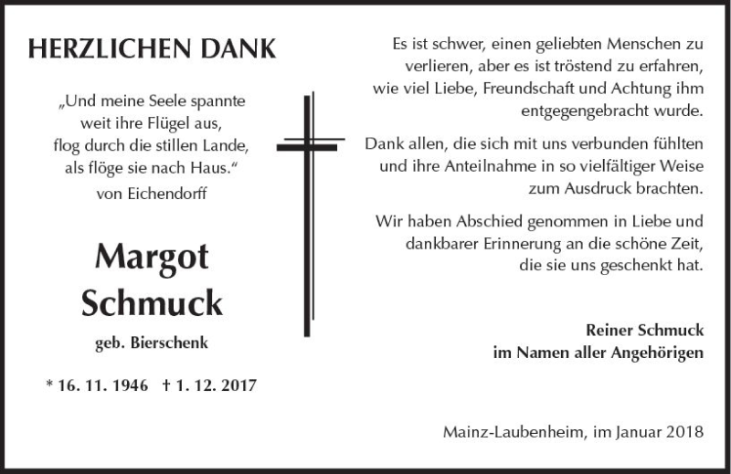  Traueranzeige für Margot Schmuck vom 13.01.2018 aus Trauerportal Rhein Main Presse