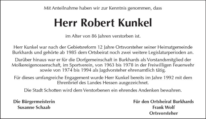  Traueranzeige für Robert Kunkel vom 13.01.2018 aus  Kreisanzeiger