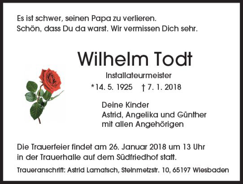  Traueranzeige für Wilhelm Todt vom 20.01.2018 aus Trauerportal Rhein Main Presse