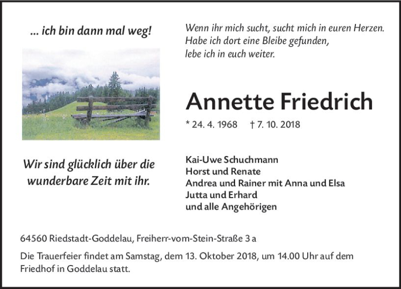  Traueranzeige für Annette Friedrich vom 10.10.2018 aus vrm-trauer
