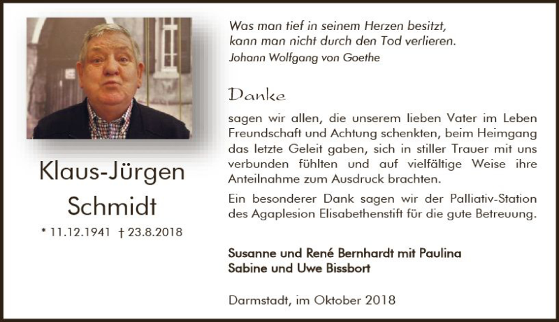 Traueranzeige für Klaus-Jürgen Schmidt vom 06.10.2018 aus vrm-trauer