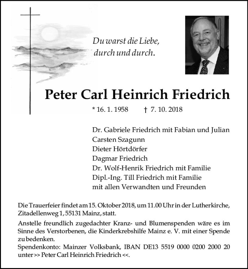  Traueranzeige für Peter Carl Heinrich Friedrich vom 11.10.2018 aus vrm-trauer
