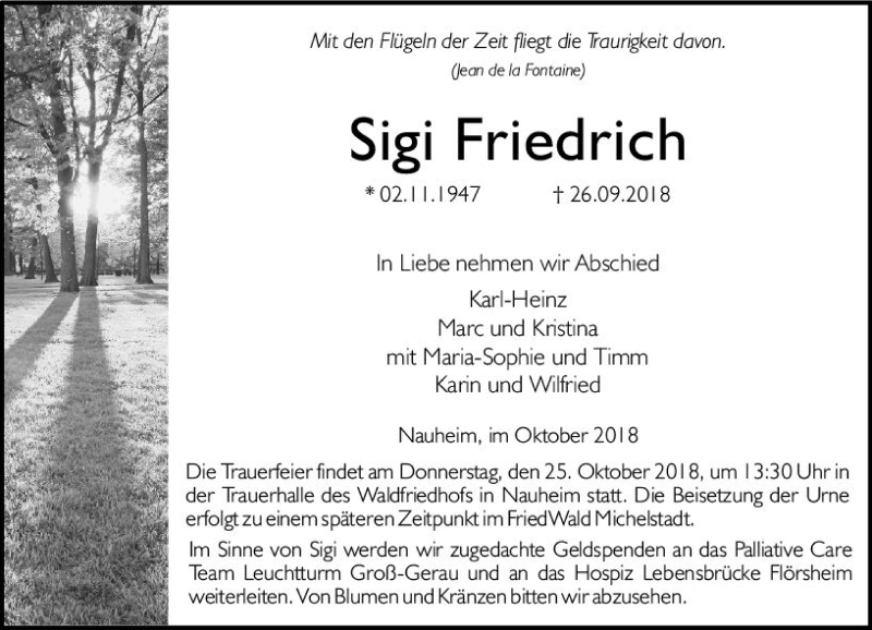  Traueranzeige für Sigi Friedrich vom 06.10.2018 aus vrm-trauer