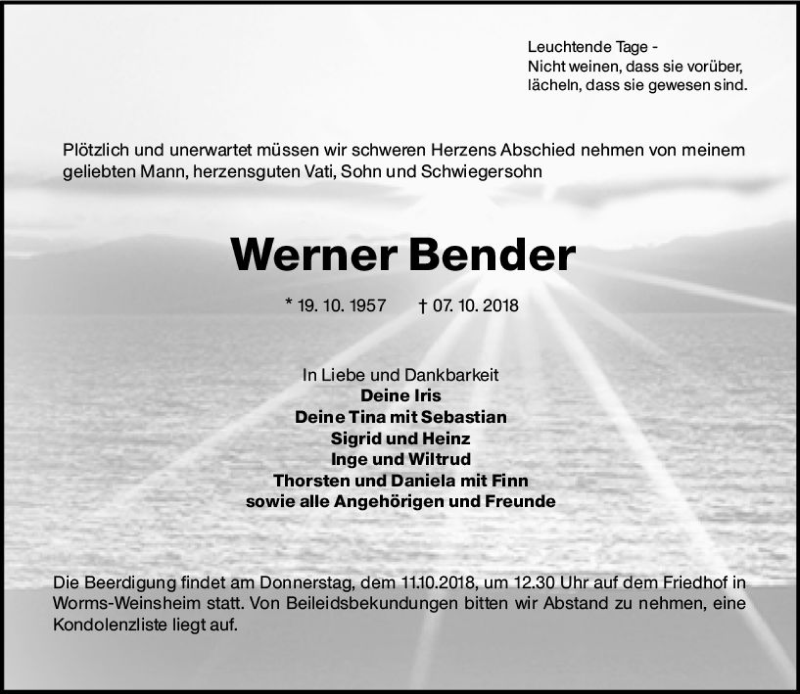  Traueranzeige für Werner Bender vom 09.10.2018 aus vrm-trauer